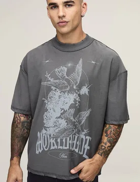 Men's Oversized Boxy Exposed Seam Dove Print T-Shirt Charcoal Size Medium Charcoal M - boohooMAN - FashionsVida