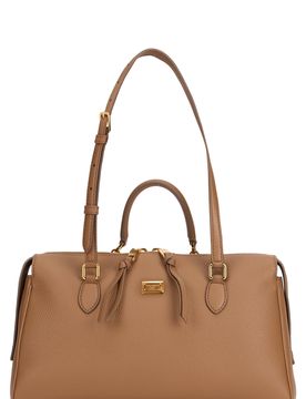 Structured Leather Tote Handbag with Zip Closure and Long Handles