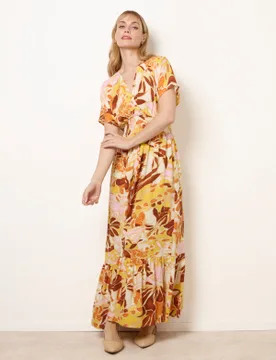 Tropical V Front Shirred Waist Maxi Dress - M/L / MULTI - female - Blue Vanilla - FashionsVida