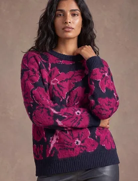 Women's Floral Print Knit Jumper in Maroon Size: 12 - Maroon - Size: 12 - Roman - FashionsVida