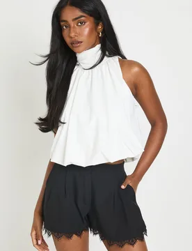 Womens Lace Trim Tailored Shorts - Black - Size 12 Uk - Boohoo - FashionsVida