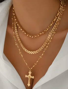 Juego de 3 piezas de cadena de clavícula vintage de moda en color dorado, colgante de cruz popular y versátil, decoración de cadena hecha a mano qu - Shein - FashionsVida