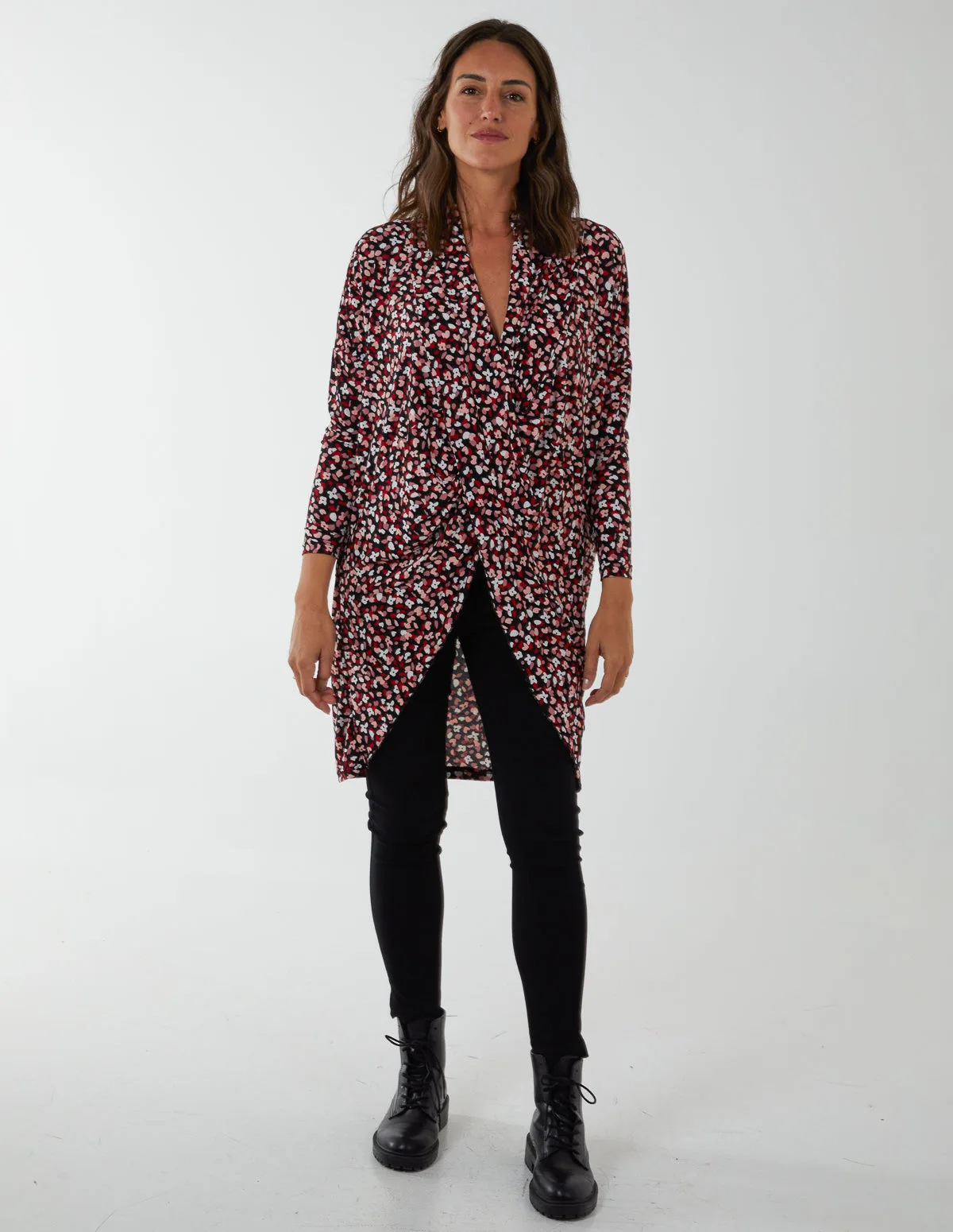 Draped Dip Hem Long Top - M/L / RED PATTERN - female - Blue Vanilla - FashionsVida