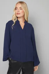 Petite Collarless Woven Blouse - Navy - Size: 18