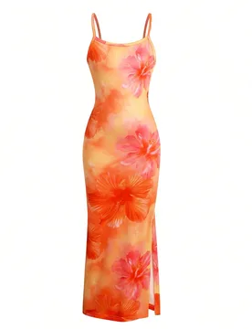 Vestido largo sin mangas para niñas en verano, con estampado de frutas coloridas y un toque alegre, silueta ajustada con abertura lateral en el bajo, - Shein - FashionsVida