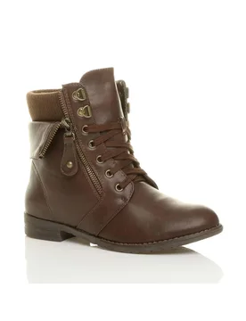 Women's Lace Up Knitted Collar Biker Military Boots in Brown Size: 6 - Brown - Size: 6 - Ajvani - FashionsVida