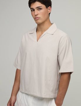 Herren Übergroßes Kastenförmiges Popeline-Streifen-V-Ausschnitt-Poloshirt Light Grey Größe XL