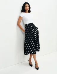 Pure Cotton Polka Dot Midi A-Line Skirt Black Mix female
