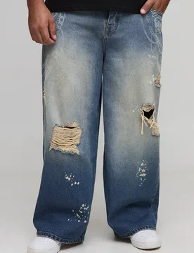 Herren Plus Ketten-Print Zerrissene Baggy-Fit Jeans Hosen Vintage Blue Größe 44 - boohooMAN - FashionsVida