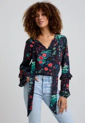 Rina Ruffle Sleeve Wonderland Print Blouse In Black - 8