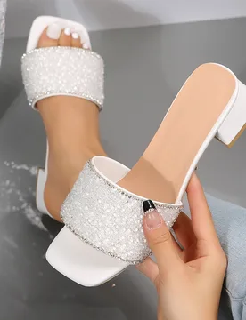 Sandalias tipo slip-on con strass estilo francés, zapatillas de mujer con tacón grueso y punta abierta, nuevas llegadas de moda de verano, tacones g - Shein - FashionsVida