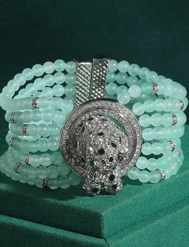 Vintage Transparent Ice Green Jade Leopard Head Beaded Bracelets Ladies Bangle Silver Color Layered Mother Day Gift Accessories - Aliexpress - FashionsVida