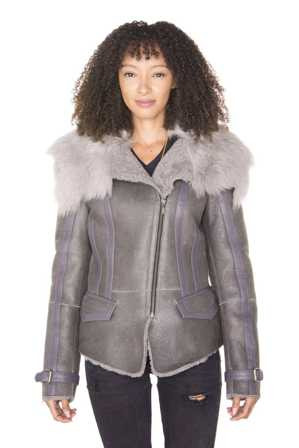 Toscana Shearling Flying Jacket-Polegate - Grey - Size: 8 - Infinity Leather - FashionsVida