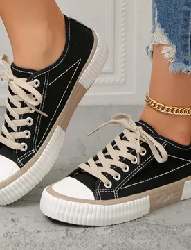 Par de zapatos de plataforma de mujer con bloques de color vintage, nuevos para primavera/verano/otoño 2025, con cordones, planos y cómodos, zapatos - Shein - FashionsVida