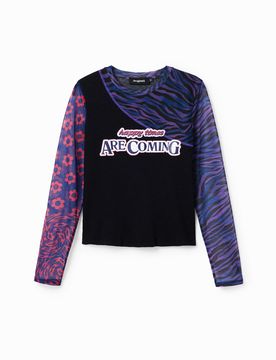 T-shirt patchwork tulle message, Bleu, XS
