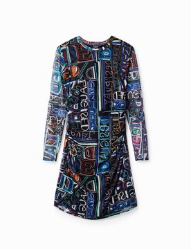 Robe courte ajustée tulle, Polyester, Noir, XS