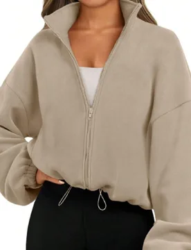 Chaqueta corta con cuello de forro polar, cremallera y cordón para mujer, para otoño/invierno, estilo deportivo - Shein - FashionsVida