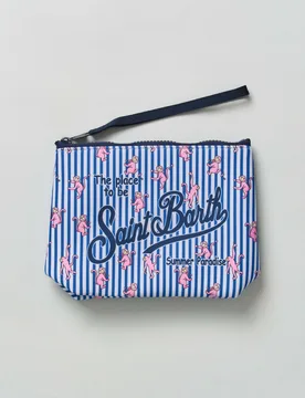 Pochette Aline in neoprene a righe bianche e blu royal con fantasia scimmiette rosa - MC2 SAINT BARTH - FashionsVida