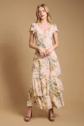 Floral Printed Chiffon Ruffle Tiered Maxi Dress - Ivory - Size: 10