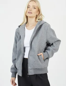 Womens Grey Faux Wool Hooded Bomber Jacket - Size 14 Uk - Brave soul - FashionsVida