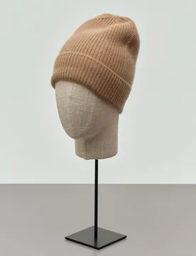 Berretto color cammello in puro cashmere lavorato a coste con risvolto - Cachemire Line - FashionsVida
