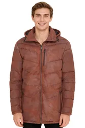 Mens Tan Quilted Jacket Detachable Hood Puffer Winter Coat - Orion Lamb Leather - Size 5xl