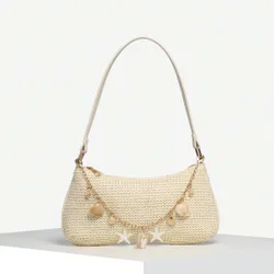 Pieza Bolso bandolera tejido de mujer estilo vintage resort con criatura marina, perlas falsas, cereza, cola de piel sintética, bolso de paja, Vacati