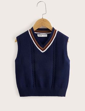 Chaleco De Suéter De Cuello En V Con Detalles De Rayas Para Niños