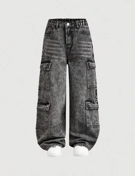Pantalones rectos de pierna ancha de mezclilla con múltiples bolsillos en gris oscuro para niño preadolescente, elegantes para todas las estaciones - Shein - FashionsVida