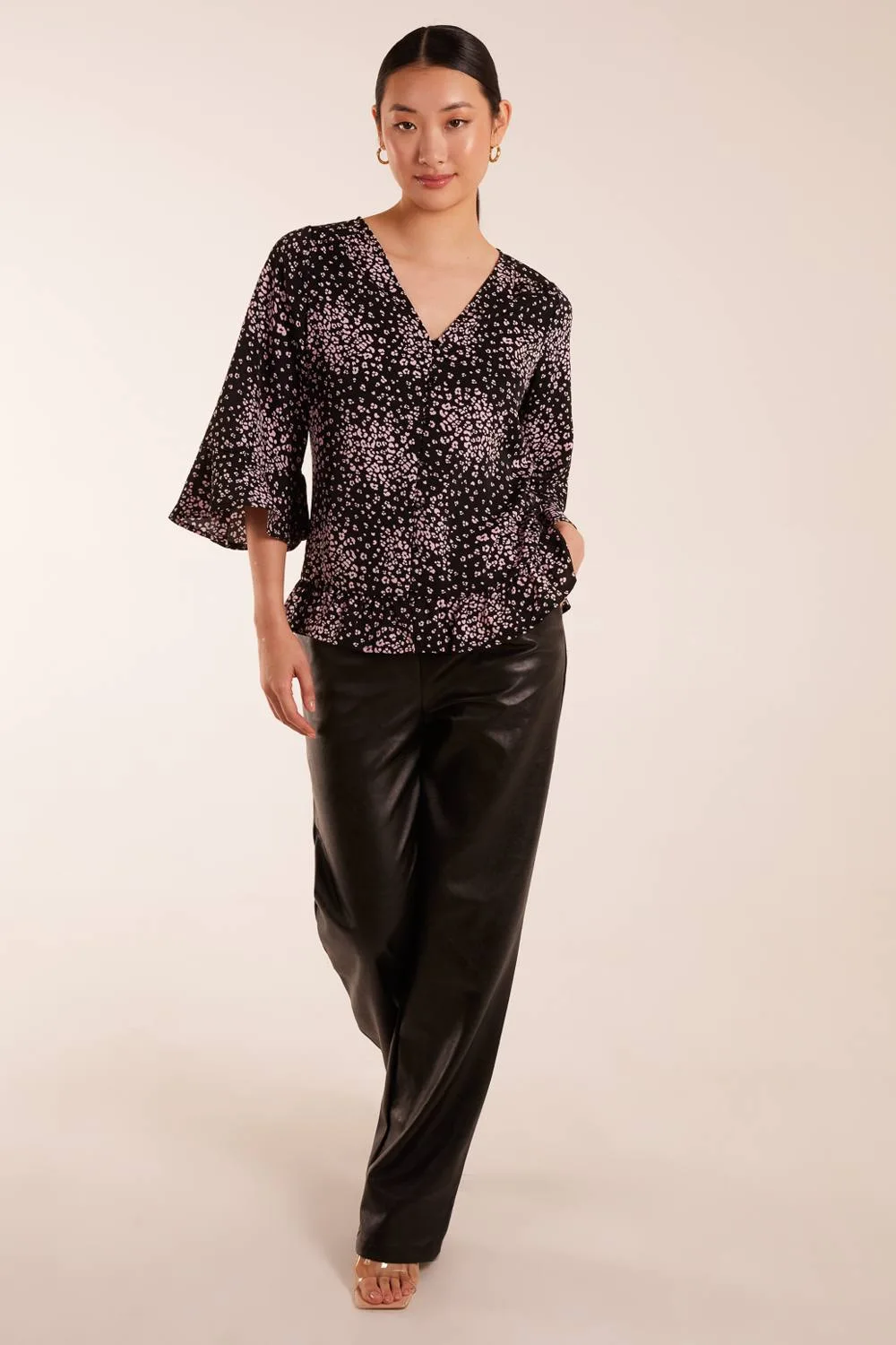Button Front V Neck Flounce Blouse - Black - Size: 10 - Blue Vanilla - FashionsVida