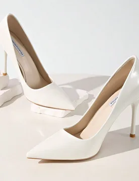 Zapatos de tacón alto de 10 cm para mujer, premium, brillantes, blanco puro, punta puntiaguda, escote bajo, tacón de aguja, sexy, punta abierta, par - Shein - FashionsVida