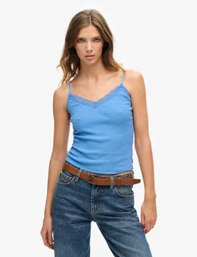 Superdry Damen Blau Geripptes Essential Trägertop mit aus Bio-baumwolle Spitze, Größe: M/L - Größe: M/L - 26.99 - FashionsVida