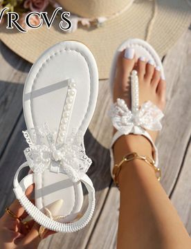 Sandalias blancas para mujer, sandalias planas de verano, sandalias romanas para exteriores con decoración de rhinestones, zapatos con tira entre los