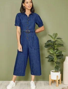 Women's Blue Cotton Chambray Button Up Jumpsuit Size: 16 - Blue - Size: 16 - Yumi - FashionsVida