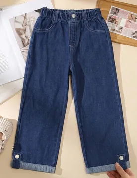 Jeans de mezclilla para niñas, nuevo estilo para todas las estaciones, moda casual, color azul oscuro vintage, diseño de cintura elástica, ajuste d - Shein - FashionsVida