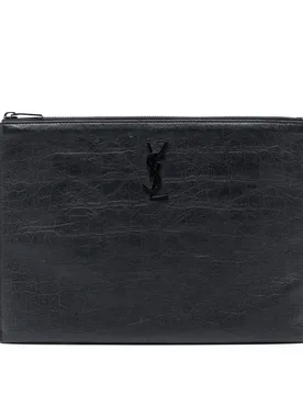 Croc Embossed Leather Monogram Clutch - Saint Laurent - FashionsVida