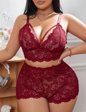 Conjunto de lencería de 2 piezas de sujetador y pantie de encaje de unicolor sexy, talla grande - Shein - FashionsVida