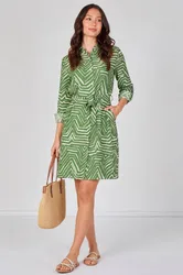 Women's Green Geometric Print Long Sleeve Mini Shirt Dress Size: Large - Green - Size: L
