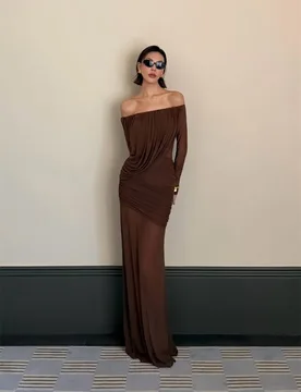 Sexy Brown Prom Dress Off Shoulder Full Sleeves Ruffles Sheath Party Gown Casual Hot Girl Formal Wedding Guest Birthday Robe - Aliexpress - FashionsVida