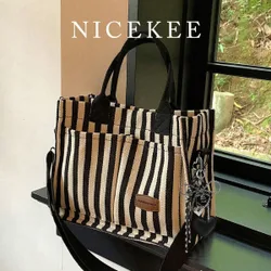 Bolso de hombro tipo tote de lona con múltiples bolsillos y gran capacidad para desplazamientos, ligero y casual, bolso bandolera cruzado para estudi
