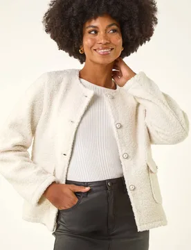 Women's Cosy Boucle Fleece Jacket in Ivory Size: 12 - Ivory - Size: 12 - Roman - FashionsVida