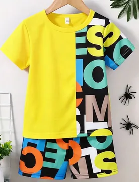 Piezas Conjunto casual de verano para niños pequeños - Camiseta amarilla con estampado geométrico colorido y diseño "S", Pantalones cortos negros - Shein - FashionsVida