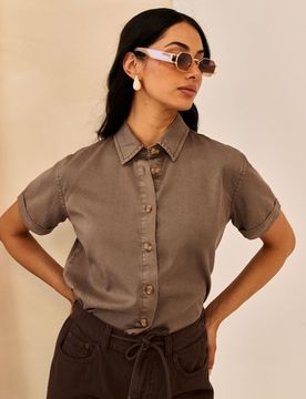Camicia in denim di cotone - marrone