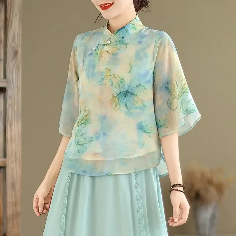 Women's Chiffon Spring Summer Button Flower Tie Dye Round Neck Patchwork Pullover Butterfly Half Sleeve Chinese Style Tops - Aliexpress - FashionsVida