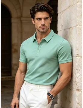 Camisa polo de manga corta de unicolor para hombre, estilo casual para ir al trabajo, adecuada para deportes de golf, camisa polo verde claro - Shein - FashionsVida