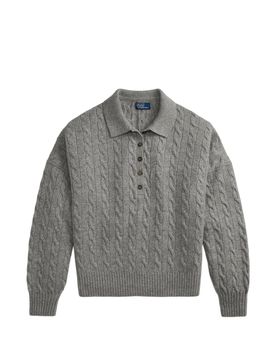 Women's Wool-Cashmere Rib-Knit Polo Sweater with Five-Button Placket, Ribbed Cuffs & Hem, Size S