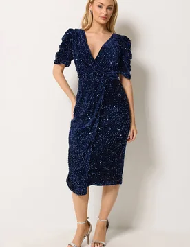 Velvet Short Sleeve Sequin Wrap Dress - Dark Navy - Size: 18 - M&Co - FashionsVida