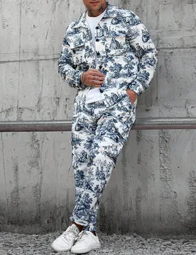 Conjunto de chaqueta y pantalones de manga larga con cierre de botones delantero, bolsillo e impresión simple, ropa de otoño para hombre - Shein - FashionsVida