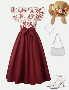 Vestido midi elegante con estampado floral, mangas con volantes, cinturón en la cintura y lazo, vestidos de vacaciones para adolescentes - Shein - FashionsVida