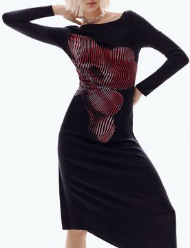 Robe midi pixellisée, , Viscose, Noir, XS